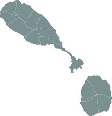 Gray vector map of Saint Kitts and Nevis with white borders of it's parishes