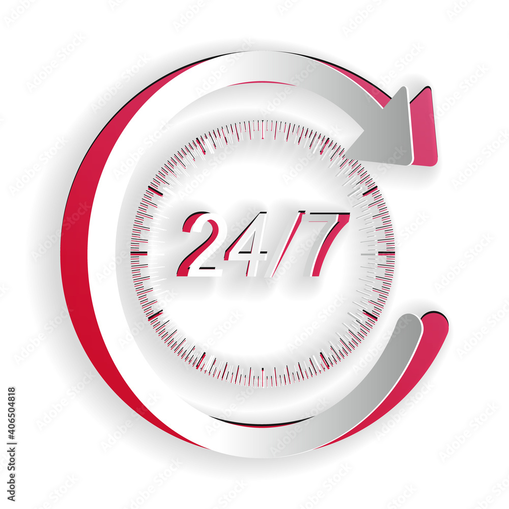 Poster paper cut open 24 hours a day and 7 days a week icon isolated on white background. all day cyclic ic