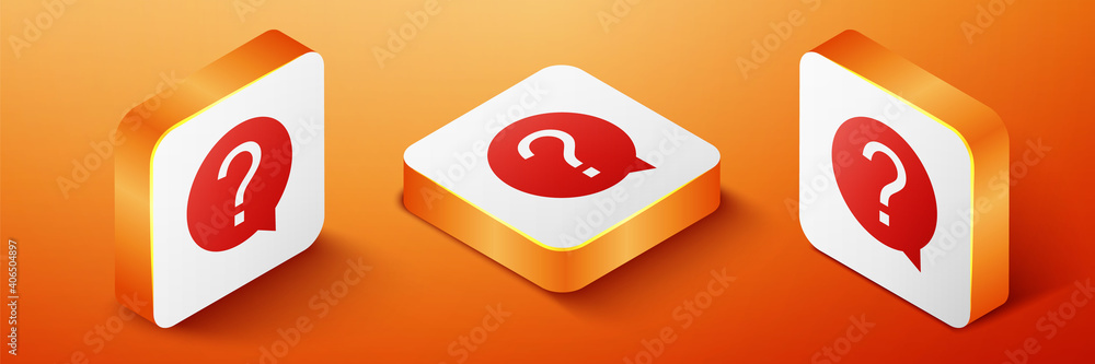 Poster isometric question mark in circle icon isolated on orange background. hazard warning symbol. help sy