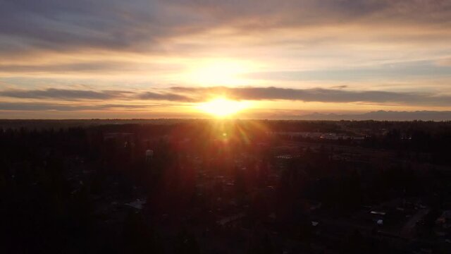 Aerial view of sunset over Everett, Washington 