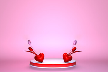 Happy Valentine's Day postcard with copy space. Holiday background with red hearts and pink tulips, round stage. Abstract, studio, love 3D render