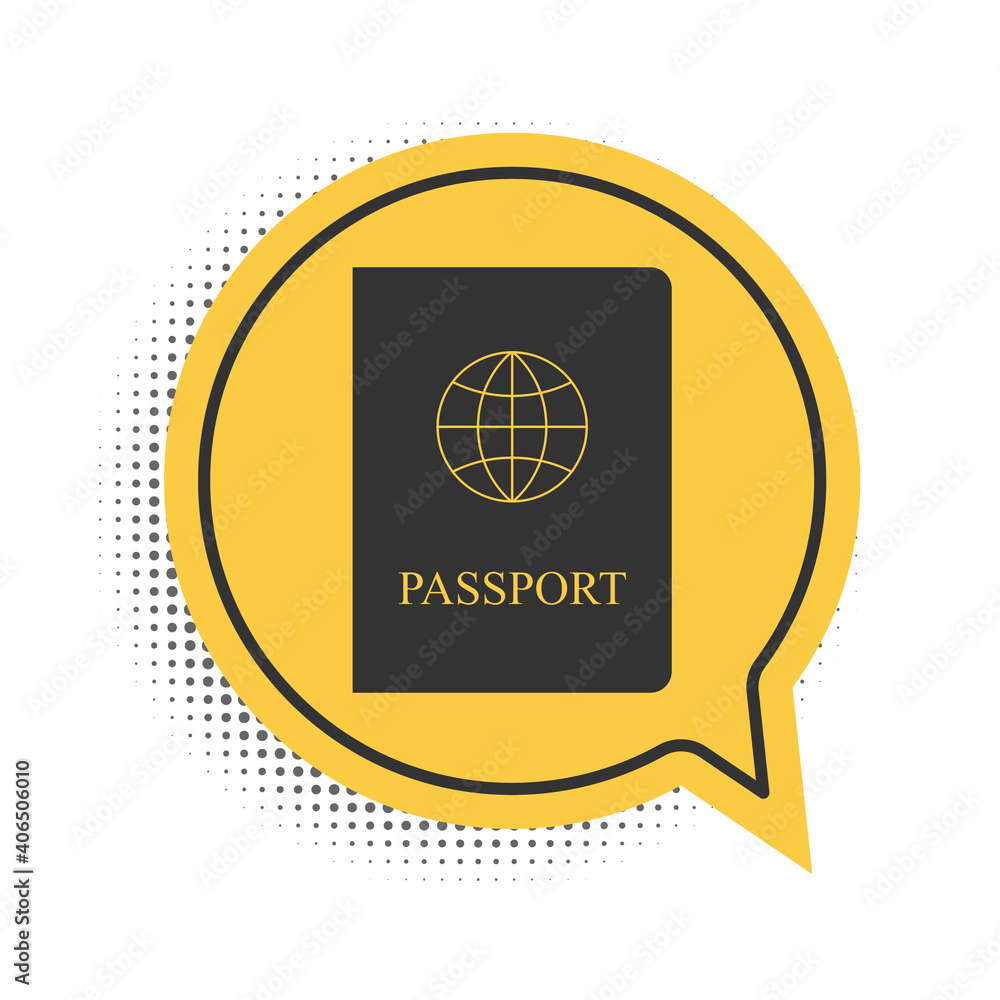 Poster black passport with biometric data icon isolated on white background. identification document. yello