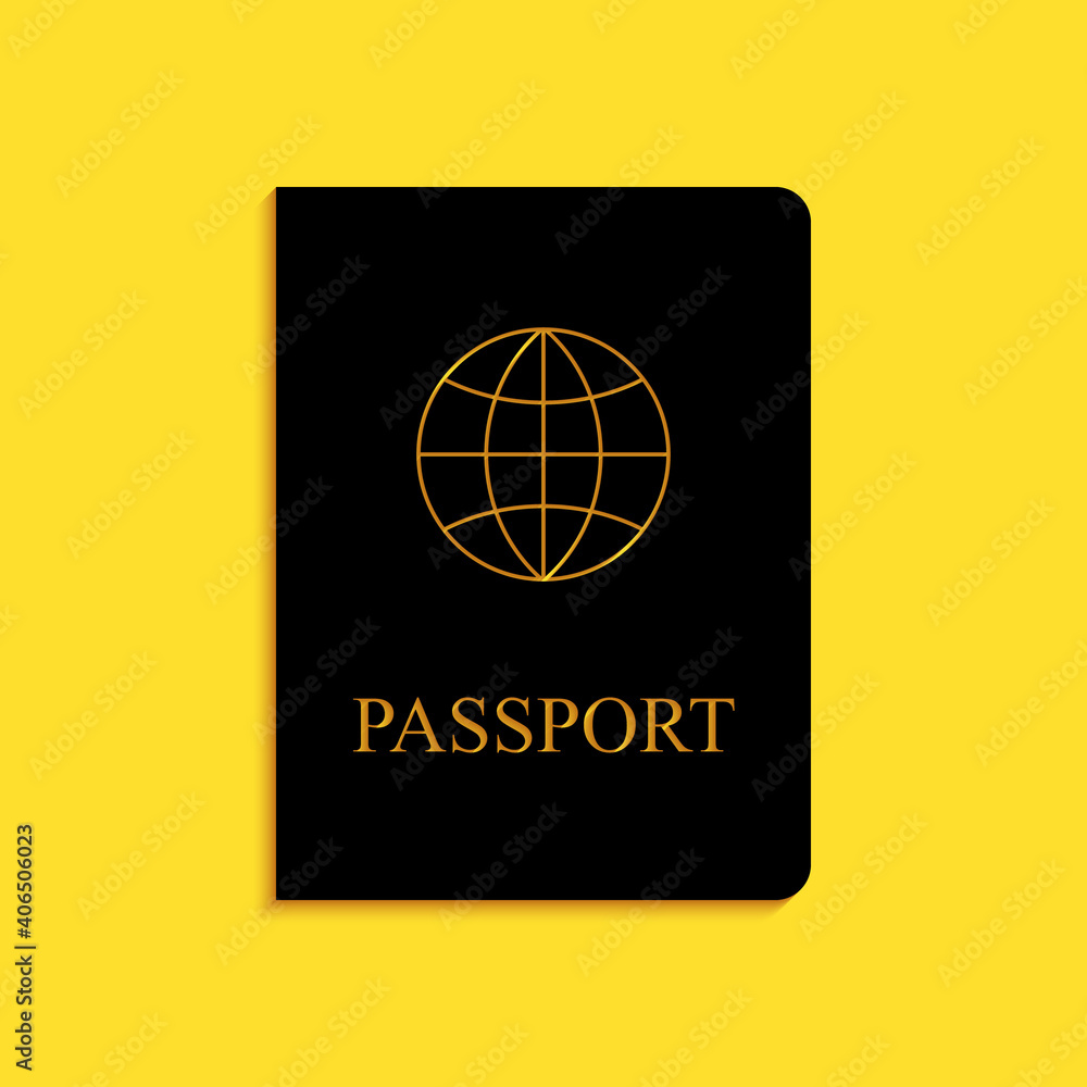 Poster black passport with biometric data icon isolated on yellow background. identification document. long