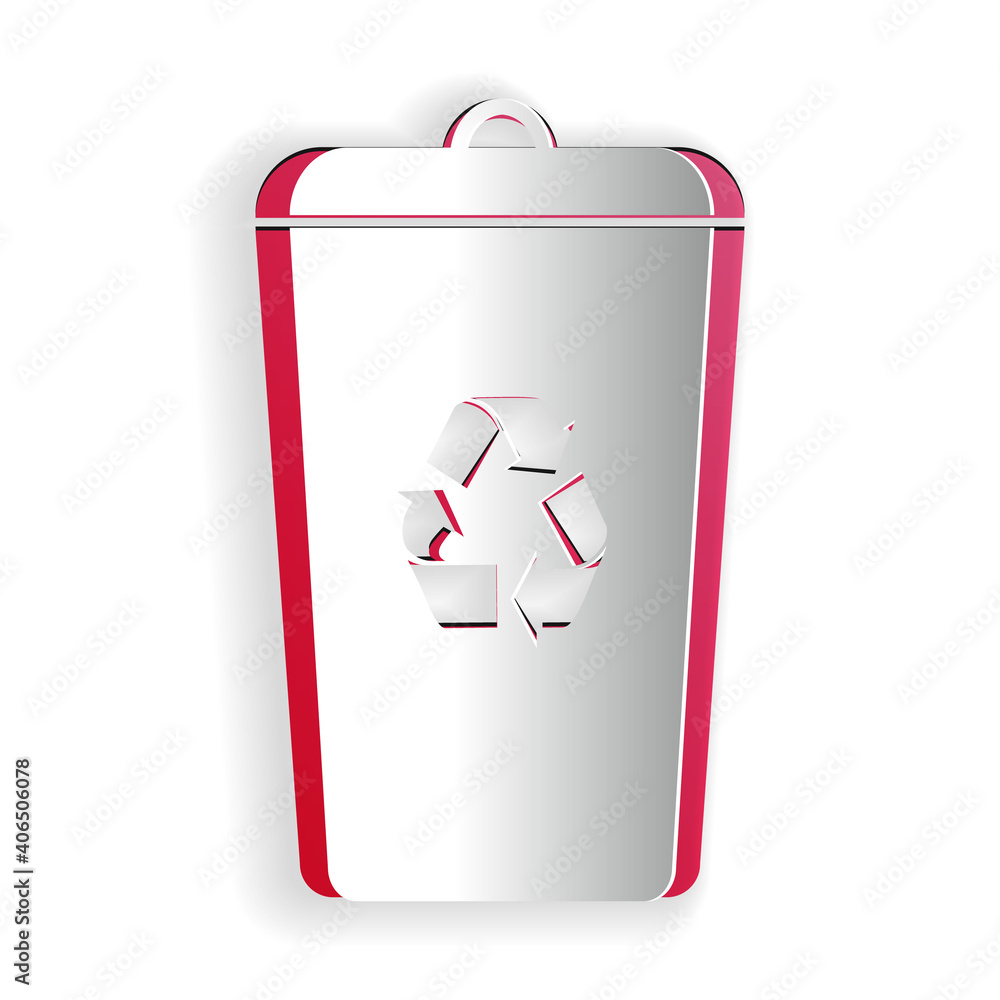 Poster paper cut recycle bin with recycle symbol icon isolated on white background. trash can icon. garbage