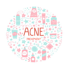 Acne treatment concept. Skincare and cosmetics elements. Water, omega-3, retinoids, serum, cleanser and sunscreen. Dermatology and self care. Vector illustration in a doodle hand drawn style