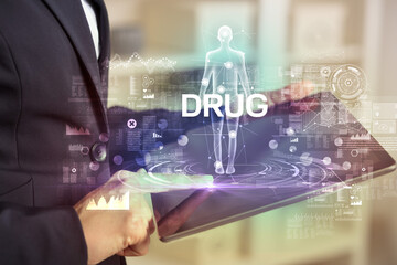 Electronic medical record with DRUG inscription, Medical technology concept