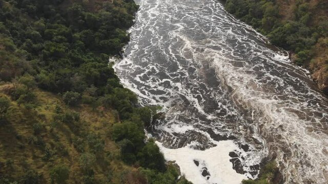 Aerial drone shot of the river Nile in Africa and a nature background. Murchison Falls, Uganda.