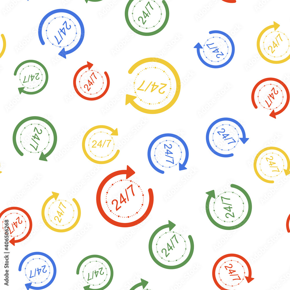 Poster color open 24 hours a day and 7 days a week icon isolated seamless pattern on white background. all 