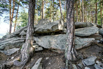 Stones on the island lake turgoyak in russia ural