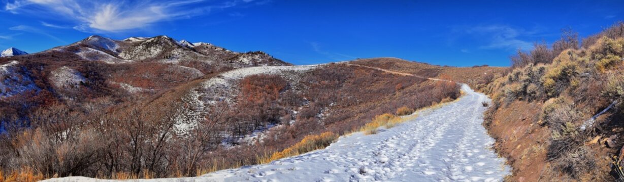 Winter Landscape panorama Oquirrh and Wasatch mountain views from Yellow Fork Canyon County Park Rose Canyon rim hiking trail by Rio Tinto Bingham Copper Mine, Utah. United States. © Jeremy