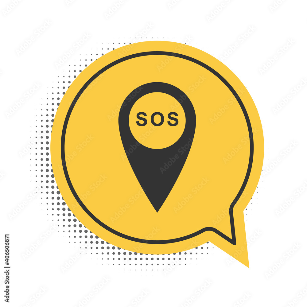 Poster black marker location with sos icon isolated on white background. sos call location marker. map poin