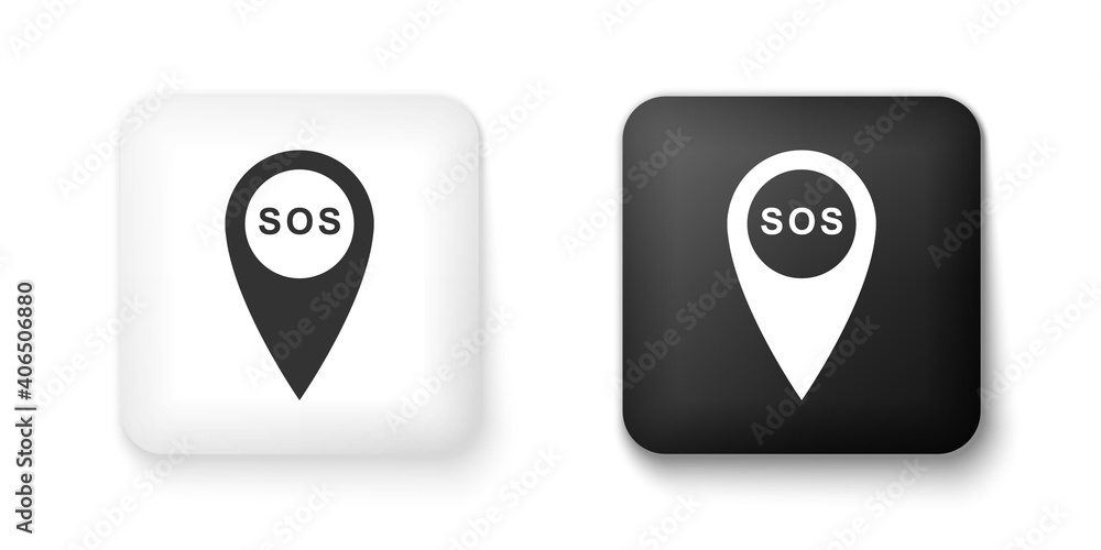 Poster black and white marker location with sos icon isolated on white background. sos call location marker