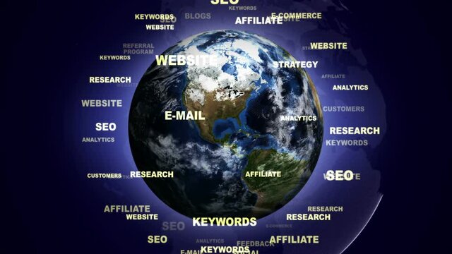 INTERNET MARKETING around the Earth with Keywords, Rendering, Animation, Background, Loop, 4k
