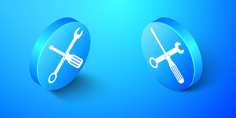 Isometric Spanner and screwdriver tools icon isolated on blue background. Service tool symbol. Blue circle button. Vector.