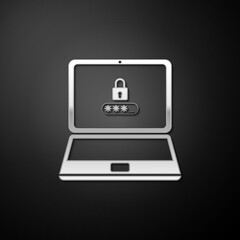 Silver Laptop with password notification and lock icon isolated on black background. Concept of security, personal access, user authorization, login form. Long shadow style. Vector.