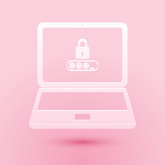 Paper cut Laptop with password notification and lock icon isolated on pink background. Concept of security, personal access, user authorization, login form. Paper art style. Vector.