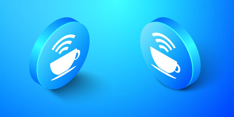 Isometric Cup of coffee shop with free wifi zone icon isolated on blue background. Internet connection placard. Blue circle button. Vector.