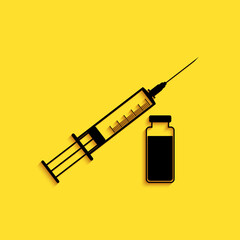 Black Medical syringe with needle and vial or ampoule icon isolated on yellow background. Vaccination, injection, vaccine, insulin concept. Long shadow style. Vector.