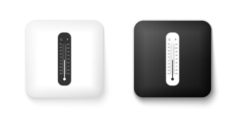 Black and white Celsius and fahrenheit meteorology thermometers measuring icon isolated on white background. Thermometer equipment showing hot or cold weather. Square button. Vector.