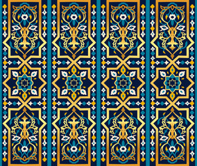 Seamless Arabian or Middle Asian and islamic vector architectural decorative pattern. Damask ornate boho style vintage ornament in deep blue, cyan and gold colors for custom print and design.