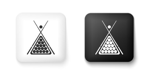 Black and white Billiard cue and balls in a rack triangle icon isolated on white background. Square button. Vector.