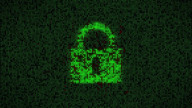 Digital futuristic binary code security lock is hacked in a data breach on green