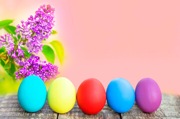 colorful easter eggs on flower background with copy space. Easter background