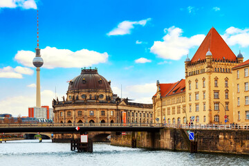 Berlin cathedral Berliner Dom and famous TV Tower with Spree river against blue sky. Berlin, Germany. © Nikolay N. Antonov