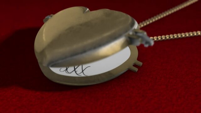 Stylish photorealistic 3D render of a gold heart-shaped locket and chain on a red velvet cloth, as it opens and reveals a message of love for St Valentine's Day