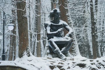 TRUSKAVETS, UKRAINE - JANUARY 15, 2021: sculpture of a cymbalist in Central Park