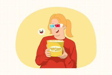 Funny young woman watching movie film holding bucket of popcorn concept