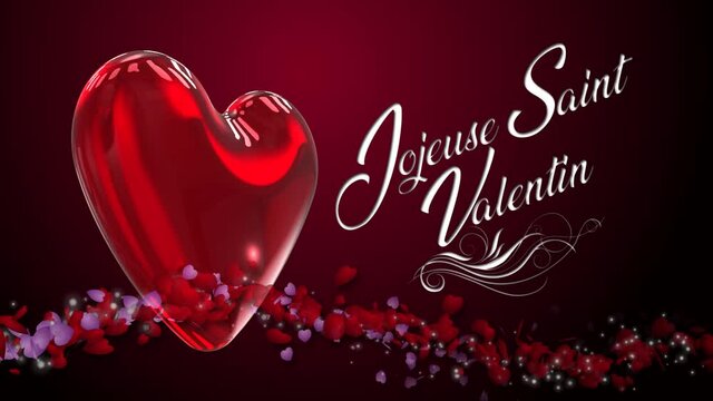 High quality seasonal motion graphic celebrating St Valentine's Day, with deep red color scheme, and flowings stream of small hearts - French message reads "Joyeuse Saint Valentin"