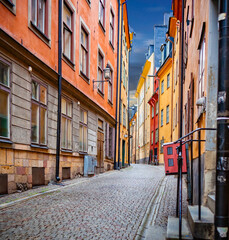 Colorful street in Gamla Stan, the historic section of Stockholm.psd