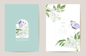 Wedding elderflower floral Save the Date set. Vector white spring flower and butterfly boho invitation card