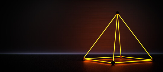 abstract neon pyramid light installation on concrete floor