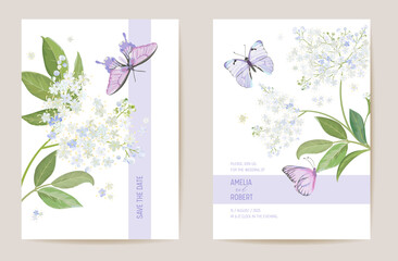 Watercolor elderberry floral wedding card. Vector white spring flowers invitation. Boho template frame