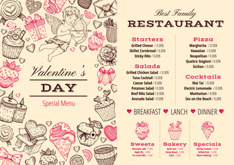 Valentine day menu. Dinner background. Love restaurant food menu. Sketch Vector lunch breakfast card design. Template vintage poster with heart rose. Romantic pink frame invitation flyer