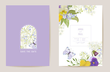 Fototapeta Wedding violet pansy floral Save the Date set. Vector purple spring flowers boho invitation card obraz