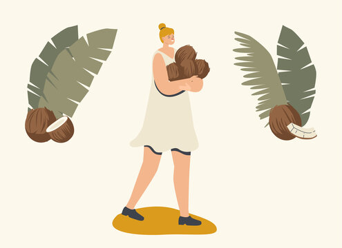 woman carrying coconuts, tropical setting clip art preview