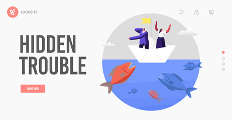 Business Characters Escape Attack of Huge Fish in Sea Landing Page Template. Business People on Paper Boat Avoid Crisis