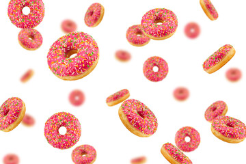 Falling Donut isolated on white background, selective focus