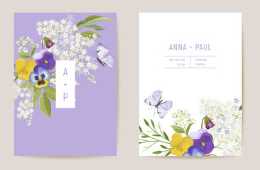 Wedding violet pansy floral Save the Date set. Vector spring flower boho invitation card. Watercolor template frame - 406513226