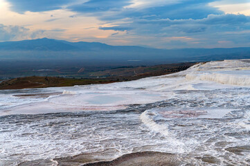 Landscape photo of travertine terraces in Pamukkale, Turkey