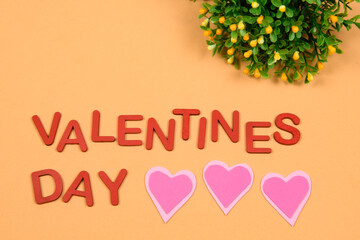 Flower plants on orange background reminding Valentine's Day with a heart