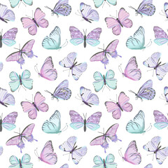 Seamless vector butterfly watercolor pattern. Vintage flying insect summer background. Colorful texture