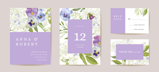 Wedding violet pansy floral Save the Date set. Vector purple spring flowers boho invitation card