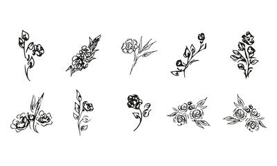 Fototapeta premium Doodle simple vector collection of 10 hand-drawn roses. Big collection of 10 hand-drawn roses. Big floral botanical set. Isolated on white background.
