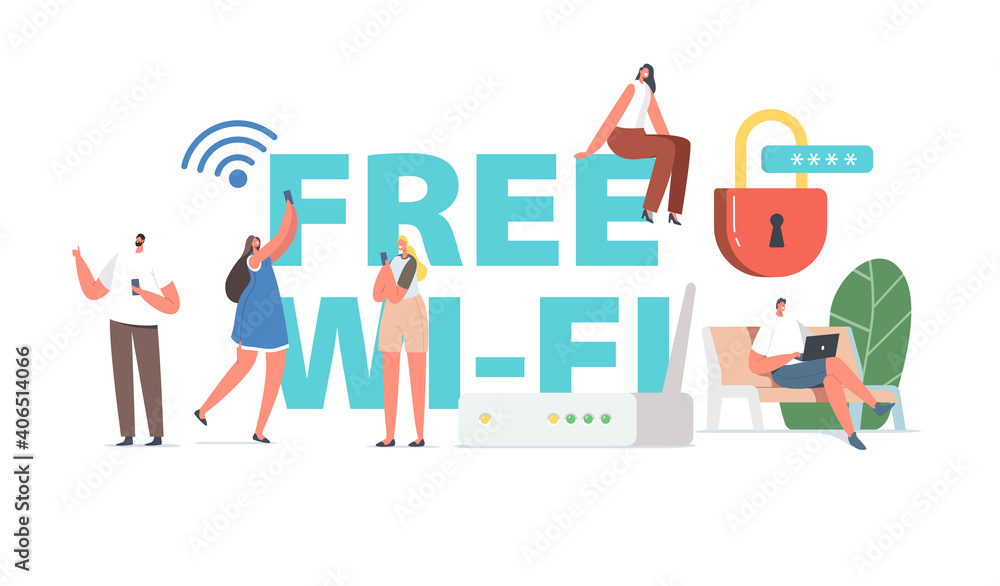 Poster people use free wifi concept. young characters using gadgets sitting on bench, chatting in social me