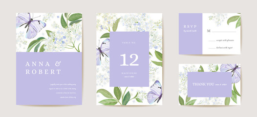Modern minimal Art Deco wedding vector Invitation set. Boho white elderflower and butterfly card template