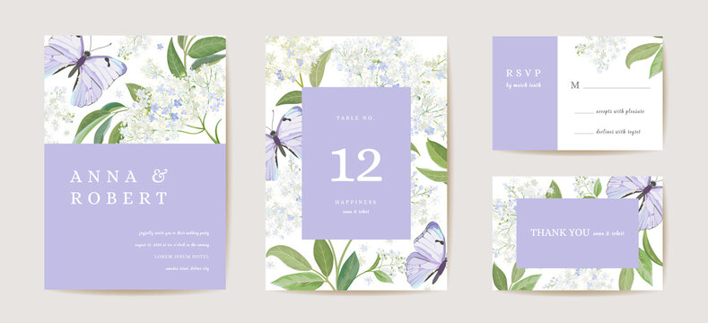 Modern Minimal Art Deco Wedding Vector Invitation Set. Boho White Elderflower And Butterfly Card Template